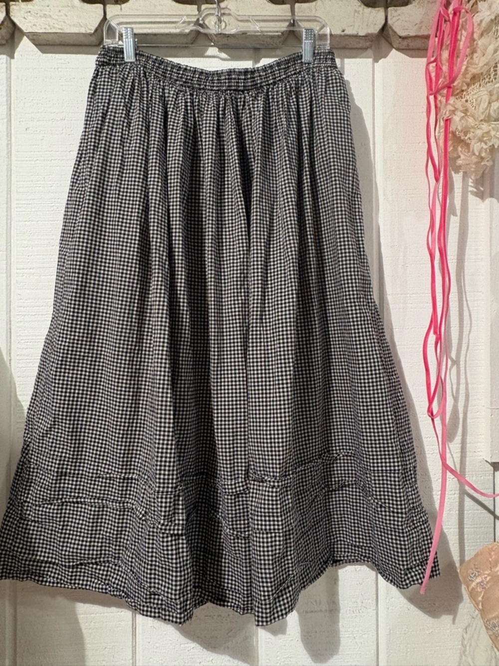 Black & White Gingham A-Line Midi Skirt Cotton Large